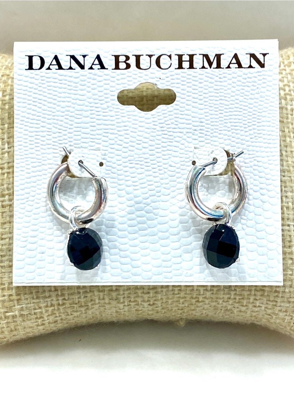 Dana Buchman Silver Huggie Hoop Earrings Black Faceted Bead Drop Dangle NWT